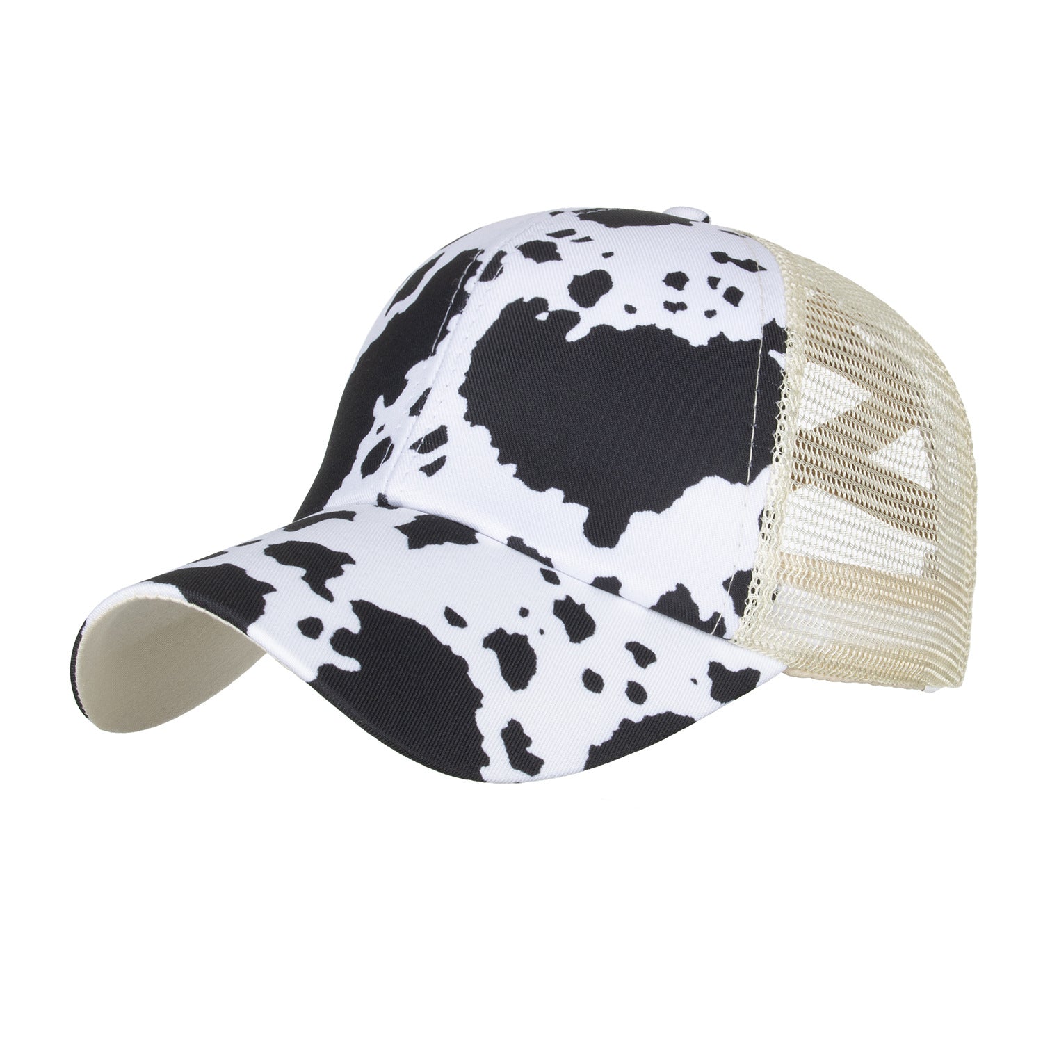 Gorra de béisbol de cola de caballo neta elástica cruzada con patrón de vaca de poliéster al por mayor